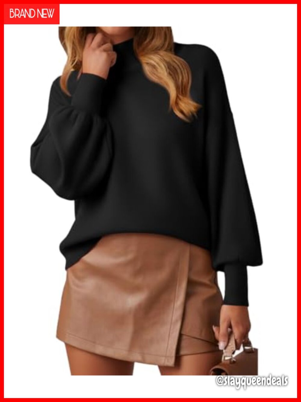 Women's Mock Neck Long Lantern Sleeve Lightweight Knit Pullover Sweater